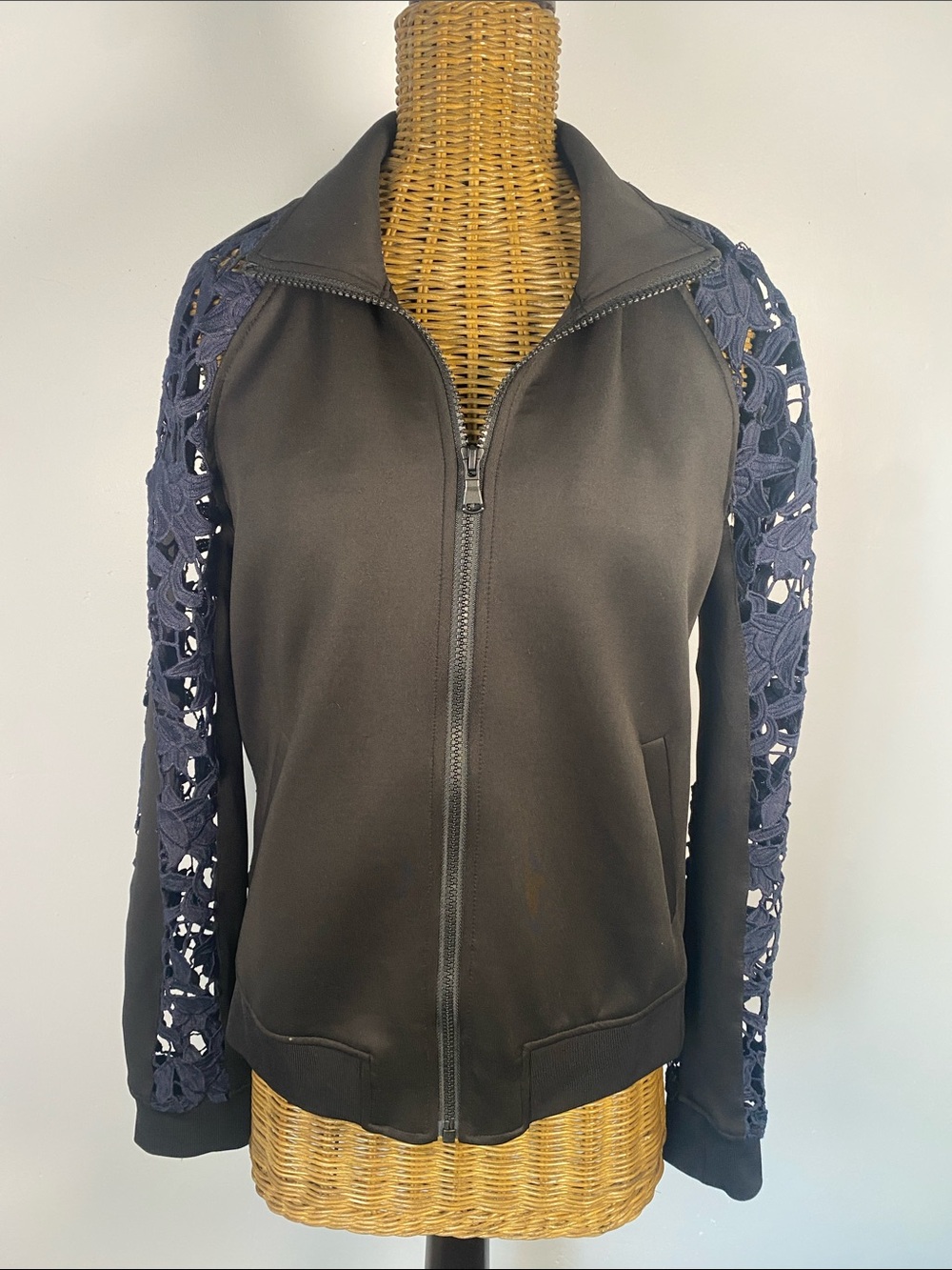 Trouvé Black Zip-Front Jacket with Navy Lace Sleeves
